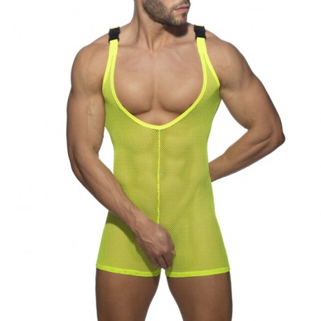 Addicted Mesh Wrestling Suit - Neon Geel voorkant