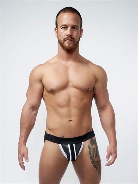 Mister B Neoprene Jockstrap Zwart Wit Voorkant