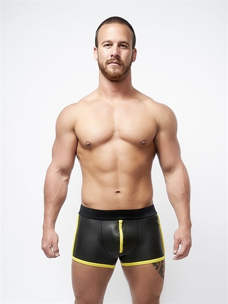 Mister B Neoprene Pouch Shorts Zwart Geel Voorkant