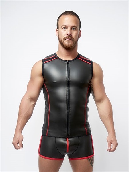 Mister B Neoprene Sleeveless T Zip Zwart Rood Voorkant