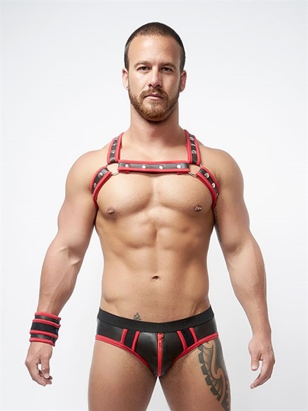 Mister B Neoprene X Back Harness Zwart Rood Voorkant 