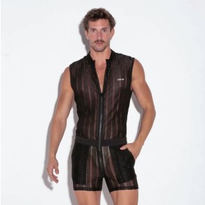 Code 22 Mesh Gestreepte Jumpsuit - Zwart